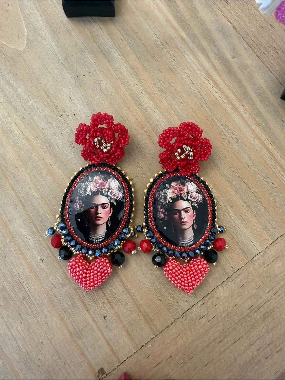 Frida Portrait Red Beaded Drop Earrings - Women Jewelry